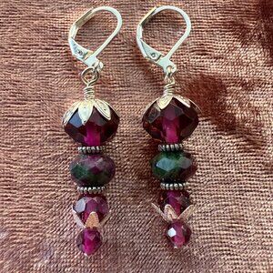Handmade Earring Set Ruby Zoisite Facet, Sterling Silver & Fuchsia Blown Glass